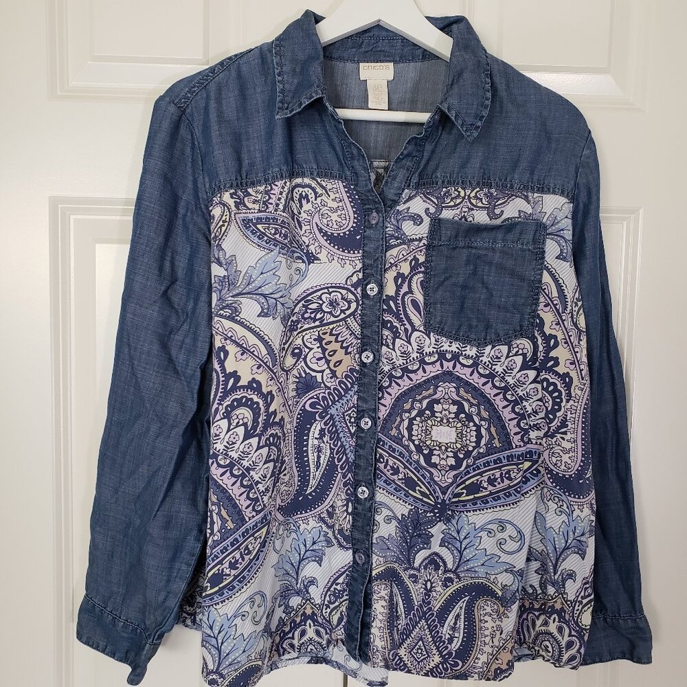 Chicos Womens Shirt 3P Button Up Paisley Indigo Denim Long Roll Tab Sleeve Top